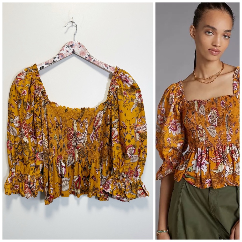 Anthropologie CONDITIONS APPLY Sweetheart Smocked Blouse Top Large
